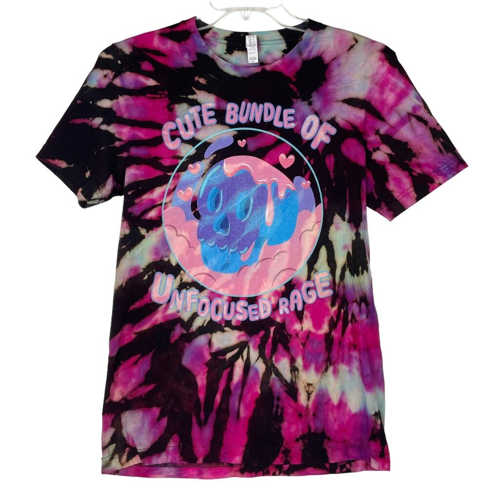 Reverse Tie Dye Skull T-Shirt Cute Bundle of Unfocused Rage Upcycle Pink Black M
